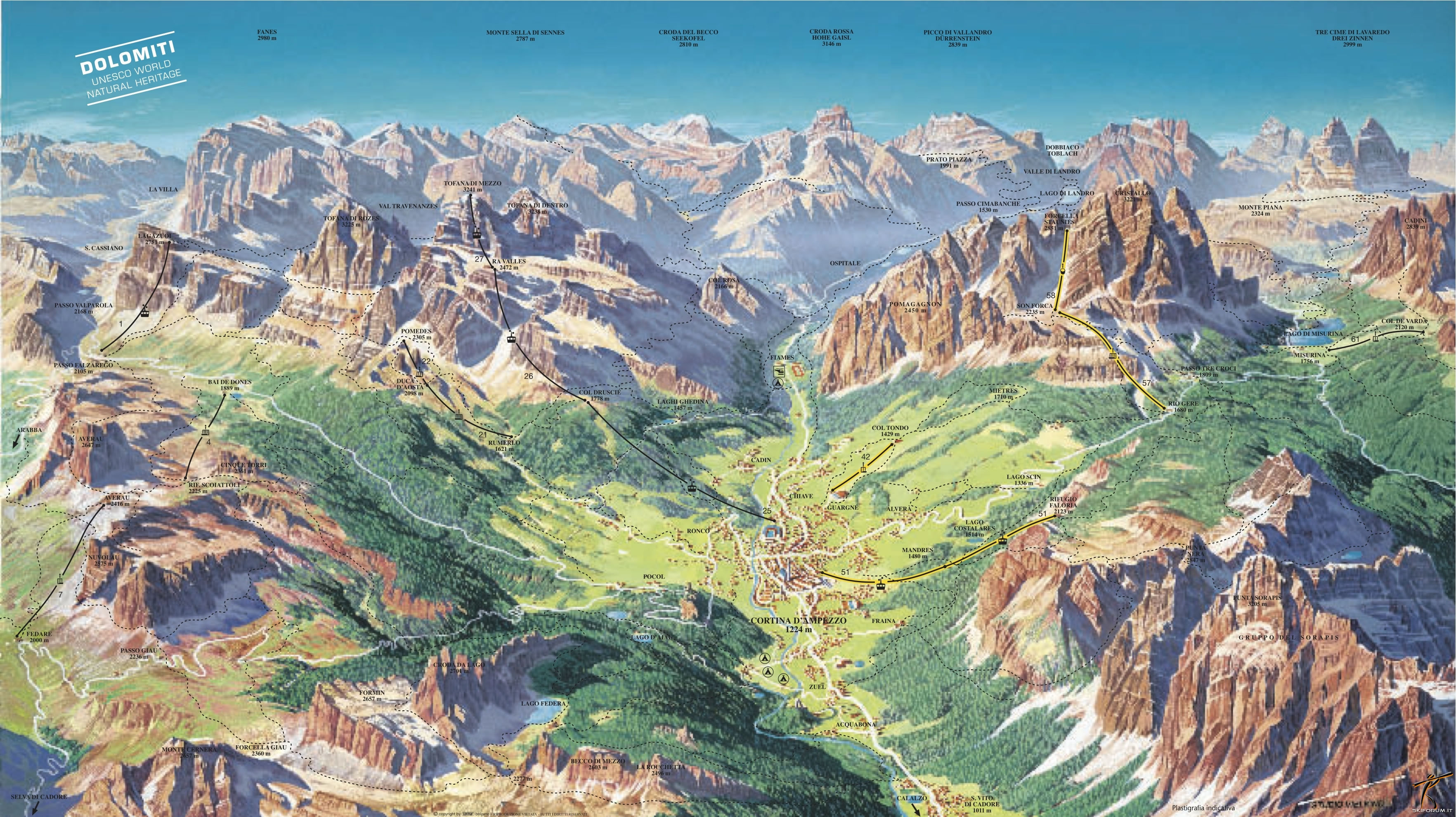 Dolomiti - Cartina panoramica estate Cortina d'Ampezzo - Skimaps