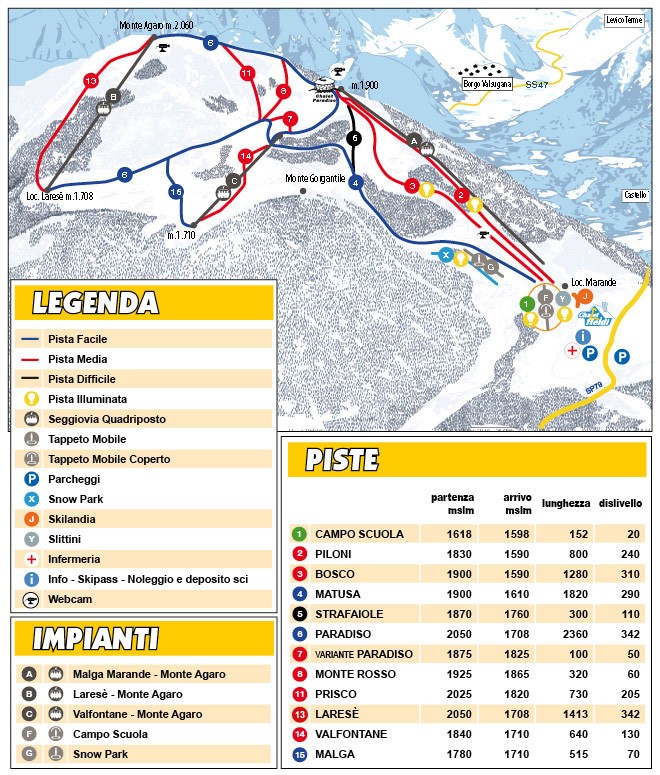 Cartina e mappa delle piste di Ski Lagorai - Passo Brocon - Valsugana