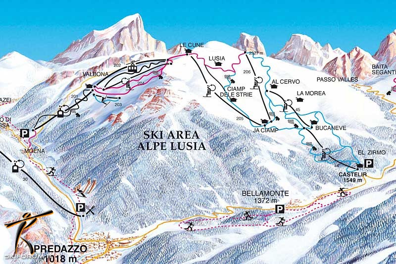 Skimap con piste e impianti del comprensorio Alpe Lusia - Bellamonte