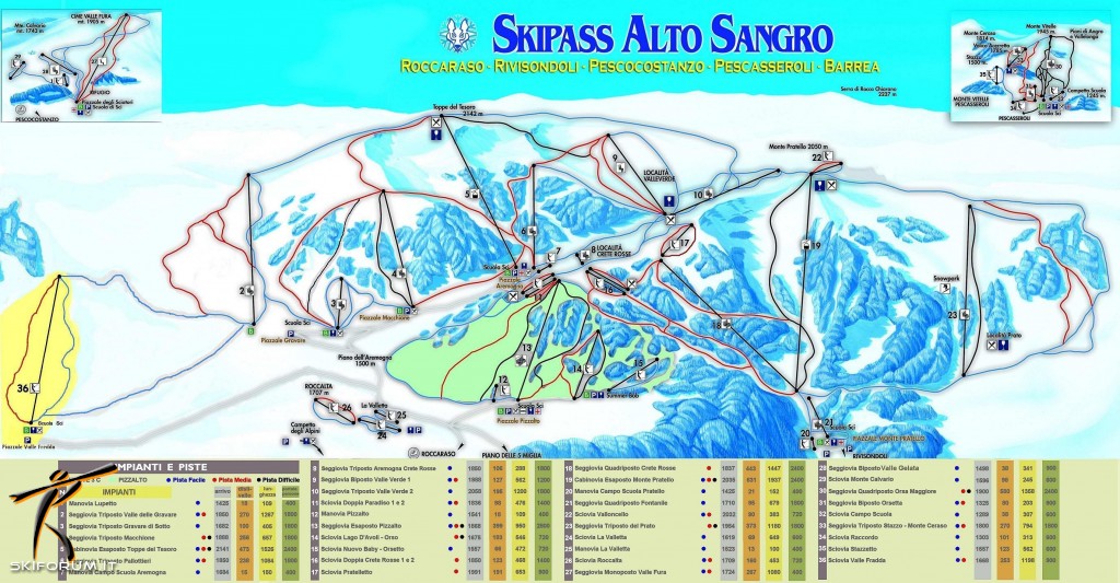 Skimap con piste e impianti del comprensorio Roccaraso - Rivisondoli