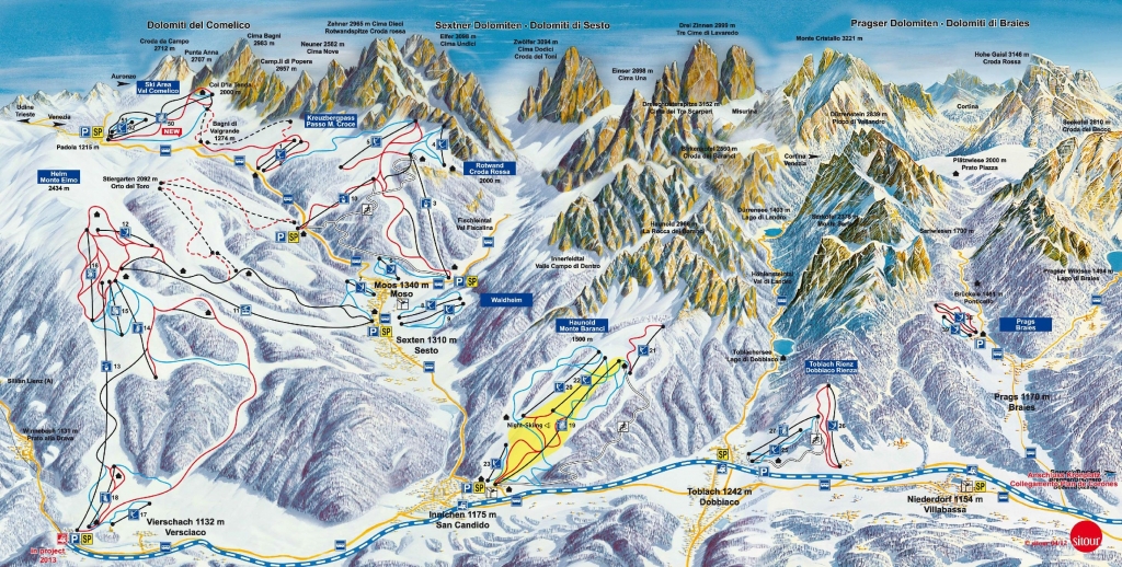 Skimap con piste e impianti del comprensorio Monte Elmo - Croda Rossa