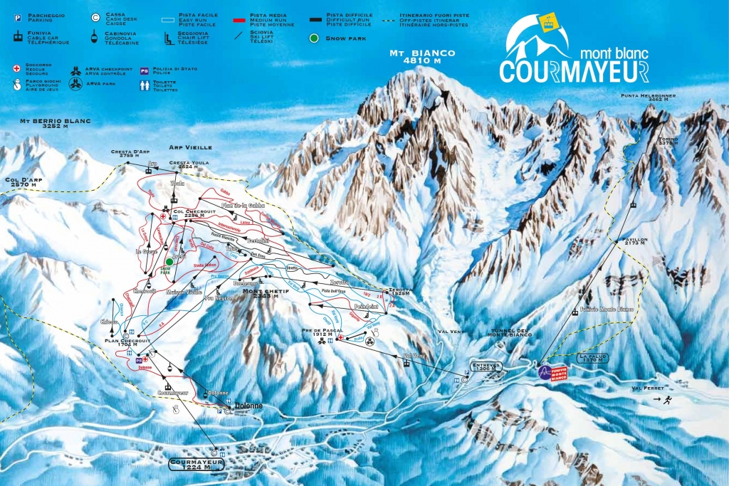 Skimap con piste e impianti del comprensorio Courmayeur - Monte Bianco