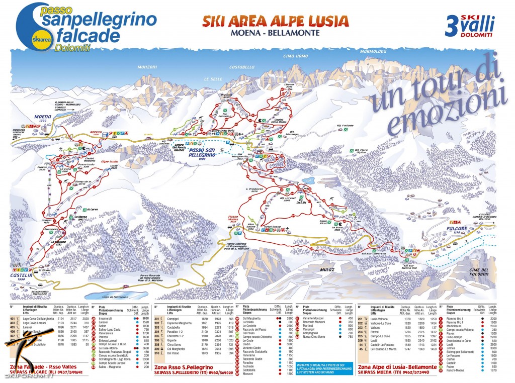 Skimap con piste e impianti del comprensorio Falcade - Passo San Pellegrino