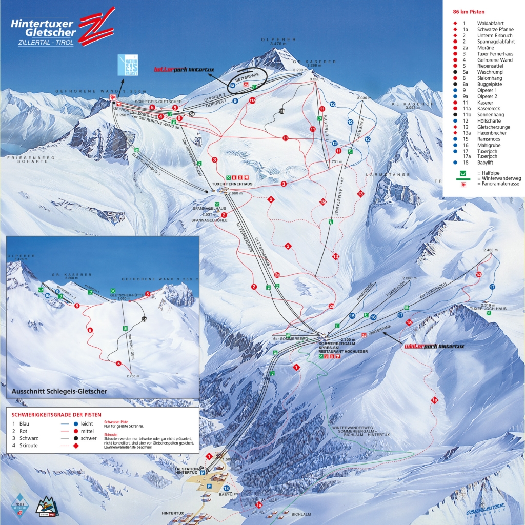 mappa impianti e piste comprensorio Hintertuxer Gletscher